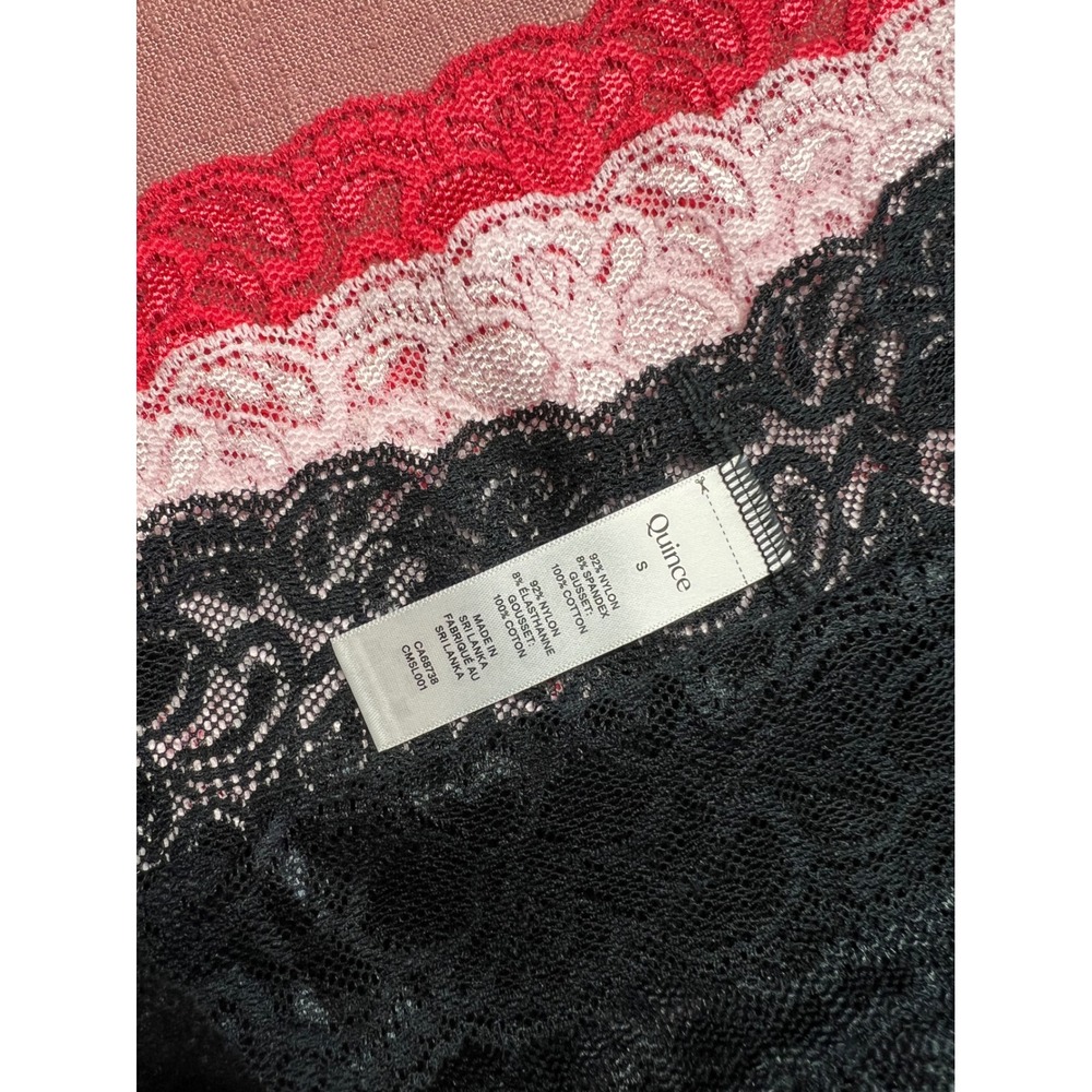 NWOT Quince Women Lace Thong‎ Underwear 3-Pack Black Pink Red Size Small - Picture 2 of 3
